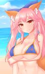  absurdres animal_ears bikini blue_bikini blue_ribbon breast_hold breasts cleavage collarbone commentary day fang fate/grand_order fate_(series) fox_ears fox_tail groin hair_ribbon highres jifuwabe large_breasts long_hair navel ocean outdoors pink_hair ribbon side-tie_bikini sky swimsuit tail tamamo_(fate)_(all) tamamo_no_mae_(fate) tamamo_no_mae_(swimsuit_lancer)_(fate) yellow_eyes 