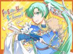  anniversary arrow artist_name earrings elbow_gloves feathers fingerless_gloves fire_emblem fire_emblem:_rekka_no_ken fire_emblem_heroes flower gloves green_eyes highres holding jewelry long_hair looking_at_viewer lyndis_(fire_emblem) official_art open_mouth petals ponytail shiny short_sleeves signature simple_background smile sparkle upper_body yamada_koutarou yellow_background 