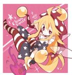 1girl 3: ahoge american_flag american_flag_dress american_flag_legwear american_flag_print bangs bare_arms blonde_hair border bright_pupils character_name closed_mouth clownpiece dress facing_away fairy fairy_wings fire flag_print full_body full_moon hair_between_eyes hat highres holding horizontal-striped_legwear horizontal_stripes jester_cap long_hair looking_away mononomo616 moon multicolored multicolored_clothes multicolored_dress multicolored_legwear neck_ruff pantyhose polka_dot polka_dot_hat purple_fire red_eyes red_hat short_sleeves solo sparkle squiggle star star-shaped_pupils star_(sky) striped symbol-shaped_pupils torch touhou typo uneven_eyes very_long_hair white_border white_pupils wings 