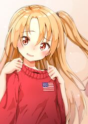  1girl ame. american_flag american_flag_print azur_lane bangs blush brown_eyes cleveland_(azur_lane) commentary_request eyebrows_visible_through_hair flag_print hair_between_eyes head_tilt holding holding_sweater light_brown_hair long_hair looking_at_viewer parted_lips red_sweater side_ponytail smile solo sweater very_long_hair 