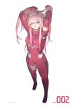  1girl arms_up artist_name blue_eyes bodysuit breasts covered_navel darling_in_the_franxx full_body highres horns long_hair medium_breasts pink_hair red_bodysuit roodiwn simple_background smile solo white_background zero_two_(darling_in_the_franxx) 