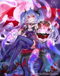  1girl bat_wings box cardfight!!_vanguard chair company_name demon_tail drill_hair flower high_heels horns leaf moon night night_sky official_art purple_hair red_eyes rose sitting sky solo sptuel star_(sky) succubus_of_desire tail teeth thigh-highs thorns twintails wings 