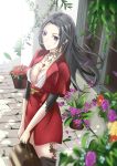  1girl absurdres black_hair breasts cattleya_baudelaire cleavage dress earrings flower flower_pot highres jewelry long_hair necklace open_clothes open_shirt red_dress shirt typewriter violet_evergarden violet_eyes 