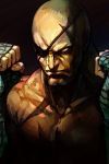  1boy bald black_background closed_mouth eyepatch facing_viewer frown hands_up hankuri male_focus sagat scar simple_background solo street_fighter upper_body yellow_eyes 