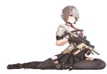  1girl absurdres black_footwear black_legwear breasts cleavage_cutout garter_straps girls_frontline high-waist_skirt highres holding holding_weapon kriss_vector looking_at_viewer pleated_skirt rlin short_hair short_sleeves sitting skirt thigh-highs vector_(girls_frontline) weapon white_hair yellow_eyes zettai_ryouiki 