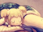  2girls :3 artist_name bed_sheet blonde_hair blue_hair chibi closed_eyes closed_mouth commentary_request hair_ornament hair_scrunchie long_hair long_sleeves lying manino_(mofuritaionaka) multiple_girls on_back on_stomach pipimi poptepipic popuko scrunchie short_hair signature sleeping twintails u_u under_covers 