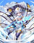  1girl battle_sister_muffin blue_eyes bodysuit boots cardfight!!_vanguard company_name dagger grey_hair hat long_hair official_art pointy_ears solo sparkle sptuel veil weapon 