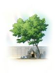  akasa_tanaha_(user_uhrn4435) blue_sky commentary_request day dog doghouse highres no_humans original outdoors scenery sky sleeping solo tree under_tree wall 