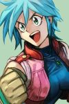  1girl :d allenby_beardsley bangs blue_hair blue_shirt brown_gloves clenched_hand g_gundam gloves green_background green_eyes gundam hankuri jacket jewelry looking_at_viewer necklace open_clothes open_jacket open_mouth pink_jacket shirt short_hair simple_background smile solo upper_body 