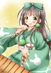  1girl :d apron bangs blunt_bangs bow breasts brown_hair commentary_request eyebrows_visible_through_hair flower gochuumon_wa_usagi_desu_ka? green_bow green_eyes green_kimono hair_bow hair_flower hair_ornament highres holding instrument japanese_clothes kimono large_breasts long_hair long_sleeves music obi open_mouth playing_instrument sash smile solo ujimatsu_chiya white_apron wide_sleeves xylophone yellow_background zenon_(for_achieve) 