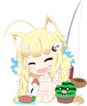  1girl ^_^ ahoge animal_ears azur_lane bailingxiao_jiu bangs bare_arms bare_legs bare_shoulders barefoot bikini blush cat_ears chibi closed_eyes collarbone commentary_request conch eldridge_(azur_lane) eyebrows_visible_through_hair eyepatch_bikini facial_mark facing_viewer fang fishing_hook fishing_line fishing_rod food food_on_face fruit full_body hair_ornament head_tilt highres holding holding_food knife long_hair navel open_mouth seiza side-tie_bikini simple_background sitting solo star star_hair_ornament swimsuit twintails very_long_hair watermelon white_background white_bikini 