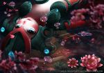  1girl afloat blue_eyes blurry blurry_foreground blush collarbone commentary depth_of_field flower koi_nami league_of_legends long_hair lying mermaid monster_girl nami_(league_of_legends) on_back parted_lips partially_submerged petals petals_on_water pink_flower redhead saruei scales solo water watermark web_address 