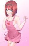  1girl apron ark_royal_(kantai_collection) bangs blue_eyes blunt_bangs bob_cut breasts chocolate cowboy_shot gradient gradient_background hairband heart highres kantai_collection looking_at_viewer naked_apron pink_apron pink_background redhead satsukikyo short_hair sideboob smile solo tiara 