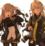  ammunition_pouch bangs black_gloves black_jacket black_legwear black_shirt blush brown_eyes brown_hair brown_legwear bukle bullet crossed_bangs dress eyebrows_visible_through_hair fingerless_gloves girls_frontline gloves grey_hair gun h&amp;k_ump h&amp;k_ump40 h&amp;k_ump45 hair_between_eyes hair_ornament head_tilt heckler_&amp;_koch highres hood hooded_jacket id_card jacket long_hair long_shirt long_sleeves looking_at_another miniskirt multiple_girls one_side_up open_mouth pantyhose pleated_skirt pouch scar scar_across_eye shirt short_dress sidelocks signature simple_background skirt smile sonaworld star star-shaped_pupils strap submachine_gun suppressor symbol-shaped_pupils thigh_strap twintails ump40_(girls_frontline) ump45_(girls_frontline) walkie-talkie weapon white_background white_shirt yellow_eyes zipper 