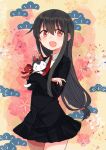  1girl black_hair black_skirt blazer cat floral_background hatsushimo_(kantai_collection) highres jacket kantai_collection long_hair looking_at_viewer low-tied_long_hair nagiki_kanae necktie open_mouth pleated_skirt red_eyes red_neckwear school_uniform skirt smile solo 