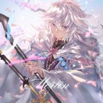  1boy avamone black_shirt blue_eyes blue_sky character_name cherry_blossoms closed_mouth day eyebrows_visible_through_hair fate_(series) hair_between_eyes highres holding hood hood_down long_hair male_focus merlin_(fate/stay_night) messy_hair outdoors robe shirt sky smile solo staff 