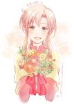  1girl bouquet brown_eyes ethlin_(fire_emblem) fire_emblem fire_emblem:_seisen_no_keifu flower holding holding_flower looking_at_viewer pink_hair portrait simple_background smile solo 