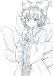  1girl animal_ears cowboy_shot eyebrows_visible_through_hair fox_ears fox_tail frills greyscale hands_in_sleeves hat highres long_sleeves looking_at_viewer mahiro_(akino-suisen) mob_cap monochrome multiple_tails pillow_hat short_hair solo tabard tail tassel touhou traditional_media wide_sleeves yakumo_ran 