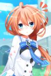  1girl ahoge blue_eyes blush breasts eyebrows_visible_through_hair haru_blanc0316 highres kannuki_natsume long_hair looking_at_viewer orange_hair solo tokyo_clanpool 