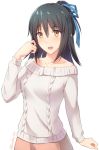  1girl :d black_hair blue_ribbon eyebrows_visible_through_hair grey_sweater hair_between_eyes hair_ribbon hand_up kanden_suki long_sleeves open_mouth orange_eyes ribbon simple_background smile solo sougan_no_warlock twitter_username white_background 