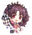  1girl :d animal bangs bare_shoulders black_bow blush boar bow brown_hair checkered checkered_flag chibi earrings fate/grand_order fate_(series) flag full_body fur-trimmed_jacket fur_trim hair_bow hitsukuya holding holding_flag hoop_earrings ishtar_(fate/grand_order) ishtar_(swimsuit_rider)_(fate) jacket jewelry leg_warmers long_hair long_sleeves looking_at_viewer open_mouth parted_bangs pink_jacket red_eyes saint_quartz simple_background smile solo tohsaka_rin two_side_up white_background 