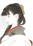  1girl bangs blunt_bangs commentary_request floral_print from_side grey_background grey_kimono half_updo highres japanese_clothes kimono lipstick long_hair makeup matayoshi mole mole_under_mouth original profile red_lipstick simple_background solo upper_body white_skin 