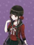  1girl black_hair dangan_ronpa hair_ornament hair_scrunchie harukawa_maki highres long_hair mole mole_under_eye new_dangan_ronpa_v3 plaid plaid_skirt pleated_skirt red_eyes school_uniform scrunchie serafuku skirt solo twintails very_long_hair 