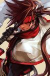  1boy axe bangs black_gloves brown_hair capelet closed_mouth gloves grey_background guilty_gear hankuri headband holding holding_weapon long_hair male_focus order-sol ponytail red_eyes simple_background smile smirk sol_badguy solo upper_body very_long_hair weapon white_capelet 