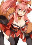  @_@ animal_ears bare_shoulders bell bell_collar black_legwear blush breasts cat_paws cleavage collar collarbone commentary_request detached_sleeves fang fate/extra fate/extra_ccc fate/grand_order fate_(series) fox_ears fox_tail gloves highres japanese_clothes jingle_bell kinona large_breasts long_hair looking_at_viewer open_mouth paw_gloves paw_shoes paws pink_hair ponytail shoes simple_background tail tamamo_(fate)_(all) tamamo_cat_(fate) thigh-highs white_background yellow_eyes 