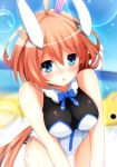  1girl ahoge animal_ears bangs bare_shoulders blue_eyes blush breasts brown_hair bunny_girl eyebrows_visible_through_hair fake_animal_ears haru_blanc0316 highres kannuki_natsume long_hair looking_at_viewer medium_breasts rabbit_ears solo tokyo_clanpool 