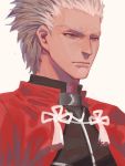  1boy archer brown_eyes closed_mouth fate/stay_night fate_(series) grey_background hair_slicked_back jacket male_focus red_jacket silver_hair simple_background solo tassel upper_body zakusi 