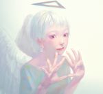 1girl angel angel_wings blue_eyes blue_shirt closed_mouth earrings fingernails halo hands_up jewelry looking_at_viewer original red_pupils shirt short_hair smile solo tunapon01 white_hair wings 