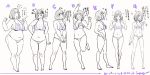  1girl @_@ belly bikini blush breasts fat highres lineup nanase_miri original plump progression short_hair sparkle swimsuit thick_thighs thighs translation_request twitter_username v white_background 