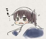  1girl blanket blush brown_eyes brown_hair chibi futon kaga_(kantai_collection) kantai_collection motion_lines open_mouth pillow short_hair sketch solo taisa_(kari) tearing_up tears under_covers wavy_mouth 