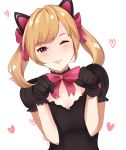  1girl absurdres alternate_costume alternate_eye_color animal_ears artist_name black_cat_d.va black_dress black_gloves blonde_hair bow bowtie breasts cat_ears cleavage clenched_hands d.va_(overwatch) dress gloves hair_bow heart highres kurupururin lolita_fashion looking_at_viewer medium_breasts medium_hair one_eye_closed overwatch parted_lips paw_pose pink_bow pink_eyes puffy_short_sleeves puffy_sleeves short_sleeves signature simple_background solo twintails upper_body white_background 