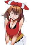  1girl alternate_breast_size blush breasts brown_hair cleavage haruka_(pokemon) highres huge_breasts maydrawfag pokemon pokemon_(game) short_hair solo 