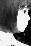 1girl bangs black_background bob_cut collared_shirt commentary_request face greyscale matayoshi monochrome parted_lips portrait profile shirt short_hair simple_background solo upper_body wing_collar 