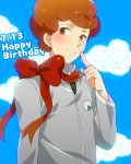  1boy blush bow brown_eyes brown_hair cardfight!!_vanguard cardfight!!_vanguard_g clouds curly_hair dated happy_birthday izaki_yuuta male_focus nagakomo sky solo upper_body 