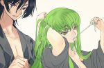  1boy 1girl bangs black_hair breasts c.c. cleavage code_geass commentary_request couple creayus eyebrows_visible_through_hair eyes_visible_through_hair fingernails green_hair hair_between_eyes hands_up lelouch_lamperouge long_hair long_sleeves mouth_hold pink_background simple_background tying_hair violet_eyes yellow_eyes 