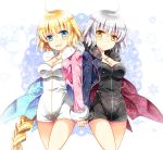  2girls ahoge alternate_costume back-to-back blonde_hair blue_eyes braid breasts chains cleavage closed_eyes collarbone commentary_request dual_persona fate/grand_order fate_(series) fur_collar fur_trim hand_holding jeanne_d&#039;arc_(alter)_(fate) jeanne_d&#039;arc_(fate) jeanne_d&#039;arc_(fate)_(all) large_breasts long_braid long_hair looking_at_viewer multiple_girls open_mouth sakura_tsubame short_hair silver_hair single_braid twitter_username very_long_hair yellow_eyes 