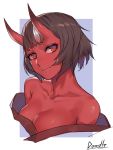  1girl breasts brown_hair cleavage closed_mouth commentary_request fang fang_out head_tilt horns large_breasts looking_at_viewer oni oni_horns original purple_background red_eyes red_skin short_eyebrows short_hair simple_background smile solo upper_body zakusi 