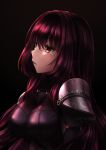  1girl artist_name bangs black_background black_dress blush breasts commentary_request dress eyebrows_visible_through_hair fate/grand_order fate_(series) from_side hair_between_eyes highres large_breasts long_hair looking_away parted_lips pauldrons purple_hair red_eyes saruei scathach_(fate/grand_order) sidelocks simple_background solo very_long_hair 