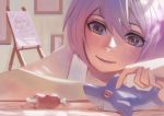  1girl bangs bare_arms boned_meat brown_eyes button_eyes commentary_request eye_reflection food hair_between_eyes indoors looking_down meat original painting_(object) parted_lips playing purple_hair reflection sharp_teeth short_hair smile solo teeth toy zakusi 