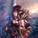  1girl assassin bare_shoulders black_dress black_hair breasts bridal_gauntlets cleavage detached_sleeves dress fate/apocrypha fate/grand_order fate_(series) fur_trim highres large_breasts long_dress long_hair looking_at_viewer peter02713 pointy_ears semiramis_(fate) smile solo spikes very_long_hair yellow_eyes 