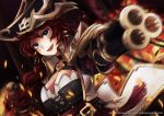  1girl :d bangs belt_buckle black_belt black_choker black_hat blue_eyes braid breasts brown_gloves buckle choker cleavage commentary dual_wielding explosion eyebrows_visible_through_hair fringe gloves gun hair_between_eyes hat head_tilt heart holding holding_gun holding_weapon jacket large_breasts league_of_legends long_hair looking_at_viewer motion_blur open_mouth pauldrons pirate_hat redhead sarah_fortune saruei smile solo v-shaped_eyebrows watermark weapon web_address white_jacket 