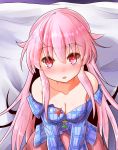  1girl bare_shoulders blue_shirt blush breasts checkered_shirt cleavage collarbone hata_no_kokoro highres long_hair looking_at_viewer medium_breasts off_shoulder open_mouth oshiaki partially_unbuttoned pink_eyes pink_hair pink_skirt shirt skirt solo touhou upper_body very_long_hair 