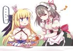  ... 2girls apron blonde_hair blue_eyes braid character_request closed_eyes crown cup flower_knight_girl long_hair maid maid_apron maid_headdress mini_crown mizunashi_(second_run) multiple_girls musical_note open_mouth teacup 