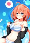  1girl ahoge blue_eyes blue_panties blush bra breasts eyebrows_visible_through_hair haru_blanc0316 heart highres kannuki_natsume long_hair looking_at_viewer navel open_clothes orange_hair panties solo striped striped_bra striped_panties tokyo_clanpool underwear undressing 