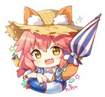  :3 :d animal_ears bangs beach_umbrella bikini blue_bikini blush brown_eyes chibi ears_through_headwear eyebrows_visible_through_hair fang fate/grand_order fate_(series) fox_ears fox_girl fox_tail full_body hair_between_eyes hat hitsukuya holding holding_umbrella innertube long_hair looking_at_viewer lowres navel open_mouth pink_hair sandals see-through shirt simple_background sitting smile straw_hat swimsuit tail tamamo_(fate)_(all) tamamo_no_mae_(swimsuit_lancer)_(fate) transparent umbrella v-shaped_eyebrows very_long_hair white_background 