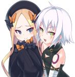  2girls :&gt; :d abigail_williams_(fate/grand_order) arm_belt bandage bandaged_arm bangs bare_shoulders belt_buckle black_belt black_bow black_dress black_hat black_shirt blonde_hair blue_eyes blush bow breasts buckle commentary_request dress eyebrows_visible_through_hair fate/grand_order fate_(series) green_eyes hair_between_eyes hair_bow hat heart heart-shaped_pupils highres jack_the_ripper_(fate/apocrypha) kirisame_mia long_sleeves looking_at_viewer multiple_girls open_mouth orange_bow parted_bangs polka_dot polka_dot_bow scar scar_across_eye scar_on_cheek shirt shoulder_tattoo silver_hair simple_background sleeveless sleeveless_shirt sleeves_past_fingers sleeves_past_wrists small_breasts smile symbol-shaped_pupils tattoo tsurime white_background 